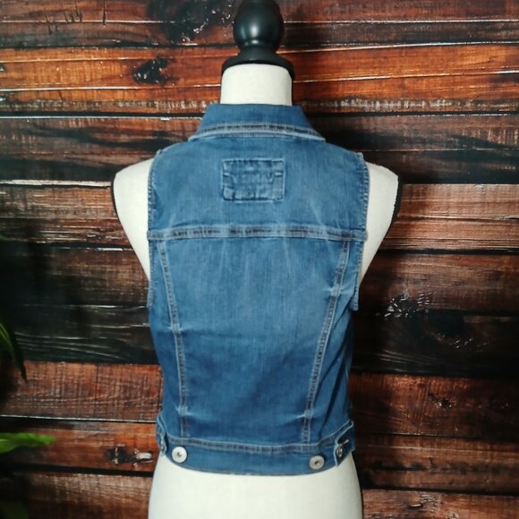 Vanity Y2K Denim Vest Size M Blue Jean Button Front Distressed Cropped - Picture 5 of 10